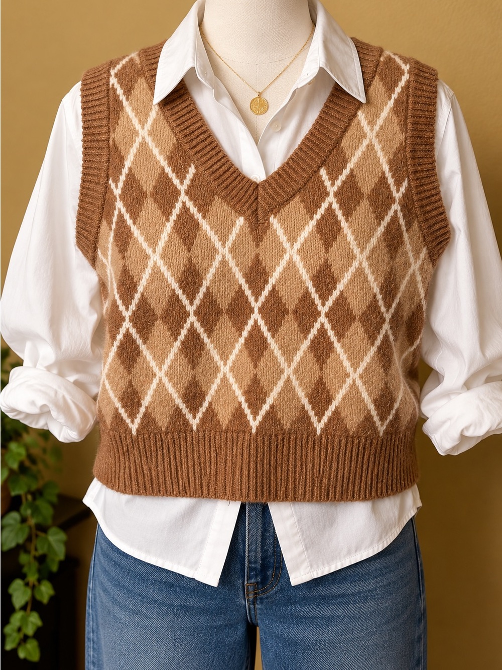 Pink Rose Argyle Sweater Vest Women L Brown Cream V Neck Preppy Academia